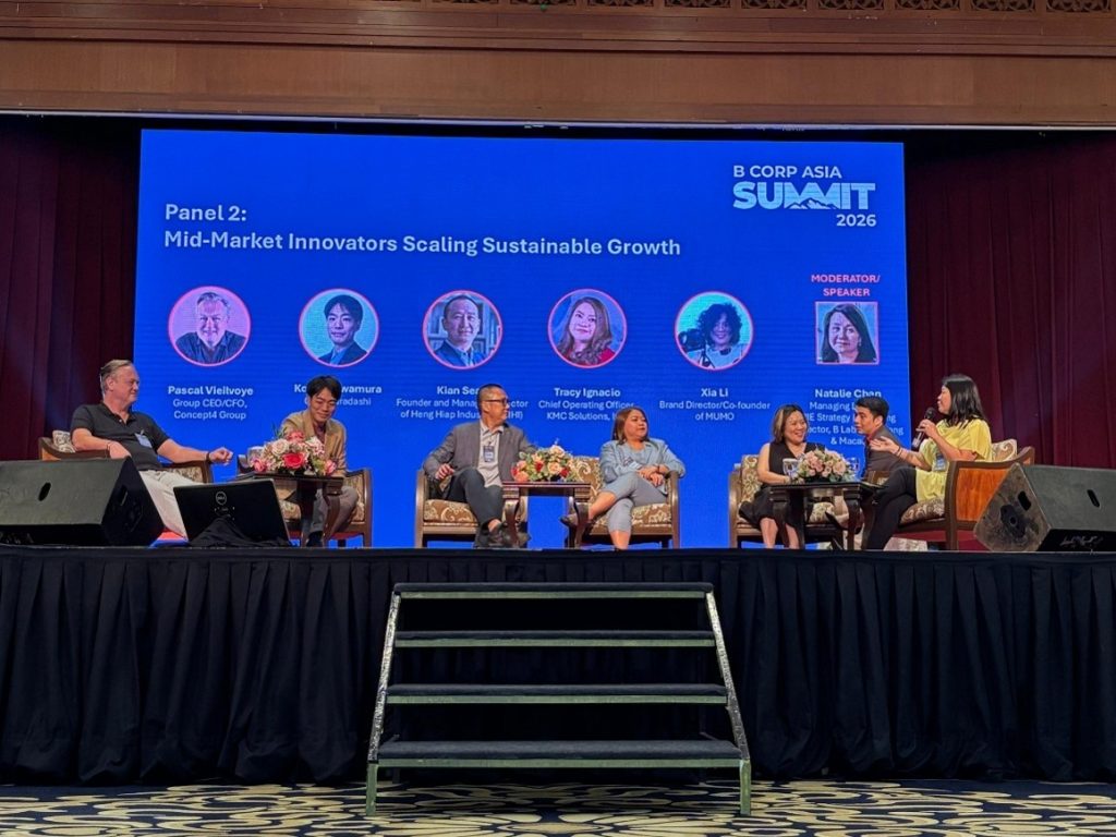 Panelists was sitting on the stage where their background was with a big screen where with the title of "Panel 2: id‑Market Innovators Scaling Sustainable Growth"